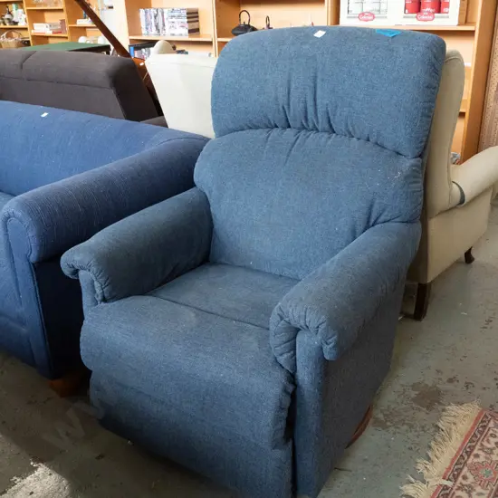blue upholstered La-Z-Boy swivel recliner - some wear to fabric