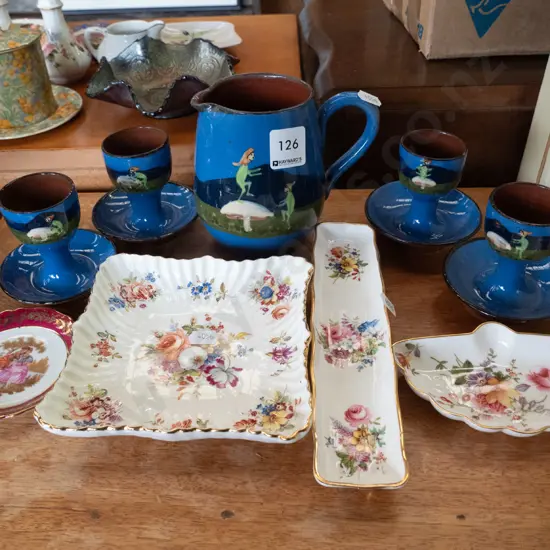 hand painted water jug, egg cups, floral dishes, etc.