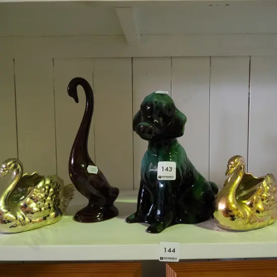 Blue Mountain pottery dog figurine, swan vases and bird figure H-210