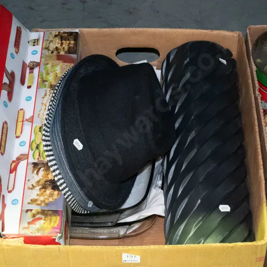 box of hats, glass baking dishes, foam bolster, etc.