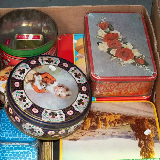 box of vintage tins