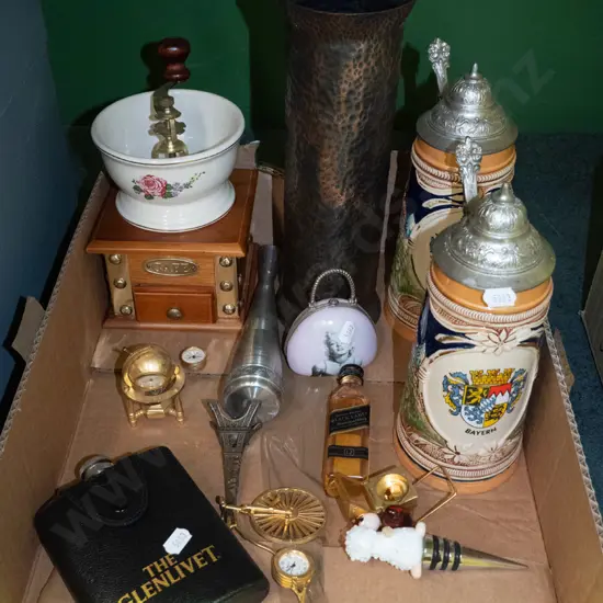 box of copper vase, beer steins, coffee mill, hip flask, etc.