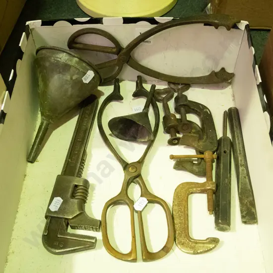 box of vintage tools, funnels, tongs