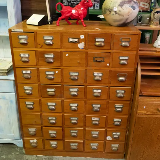 restorer's 40 drawer card index cabinet - some damage to drawer, rusty handles H-1275 W-1020 D-475