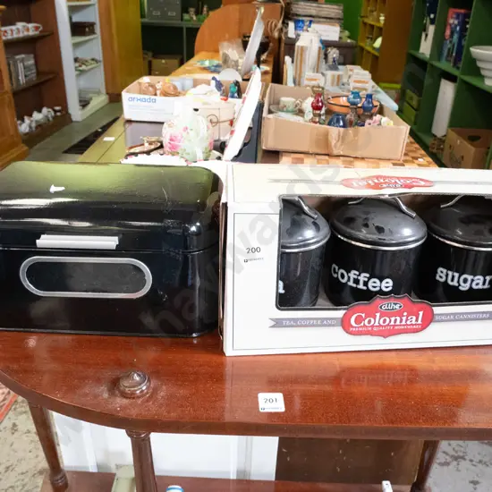 Colonial tea, coffee and sugar canister set and small bread bin