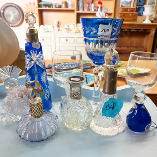 blue cut glass goblet, wine glasses, scent bottles etc