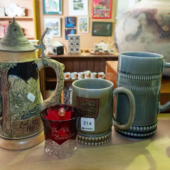 2x Wade beer glasses, beer stein, small ruby glass exhibition cup
