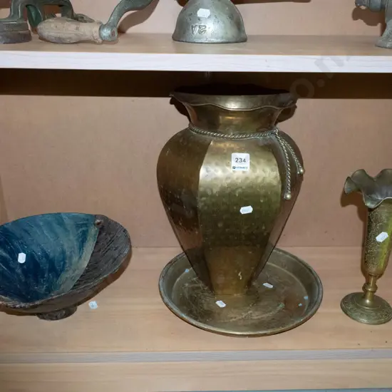 studio pottery bowl, brass tray, 2x vases