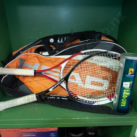 2x tennis rackets, bag, balls