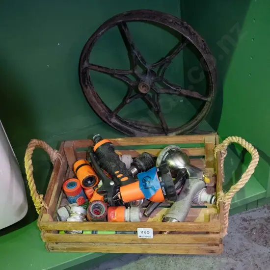 small metal wheel, wooden tray, garden hose fittings