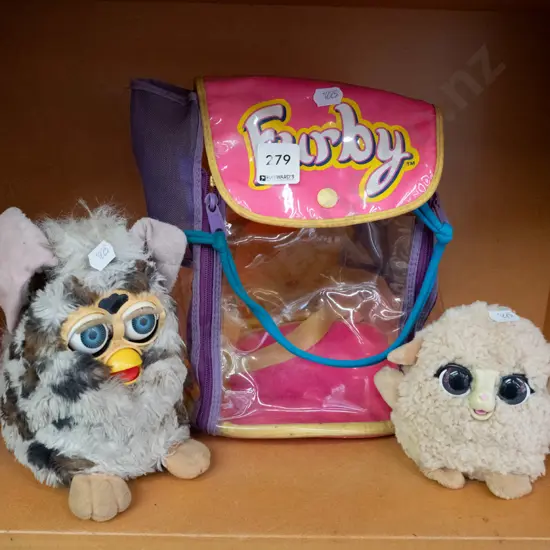 2x Furbys, small plastic backpack