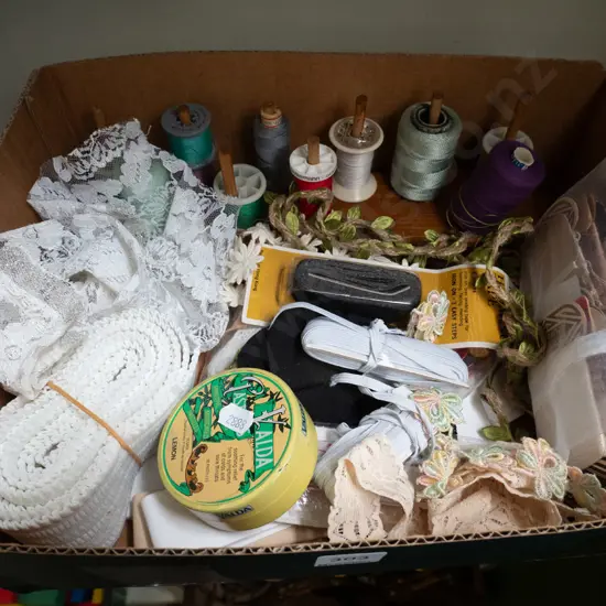 box of ribbons, lace, thread etc.