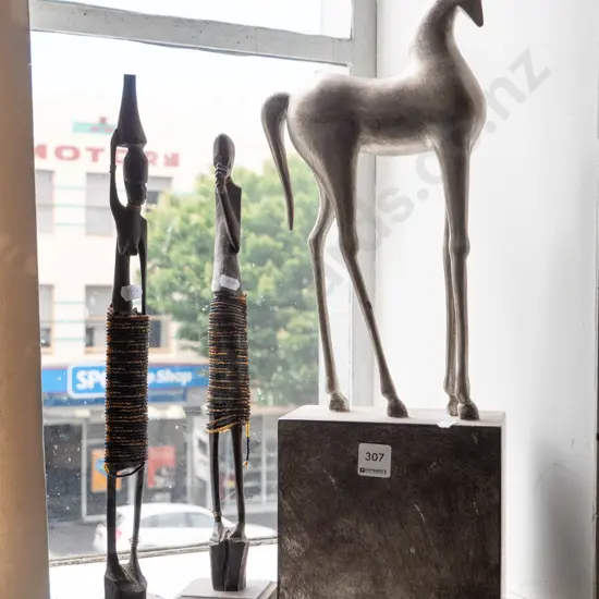 composite horse figurine - repair to hoof - and 2 African figurines, tallest H-500