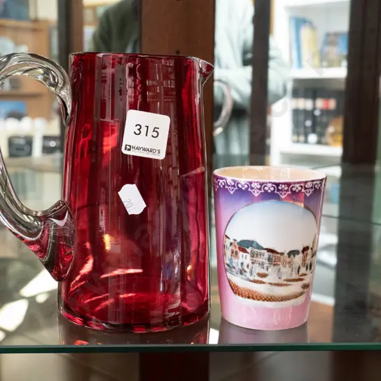 ruby glass jug and a lustre glaze tumbler