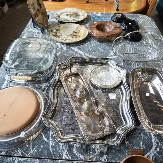 plated trays, Pyrex serving dish, baskets, etc.