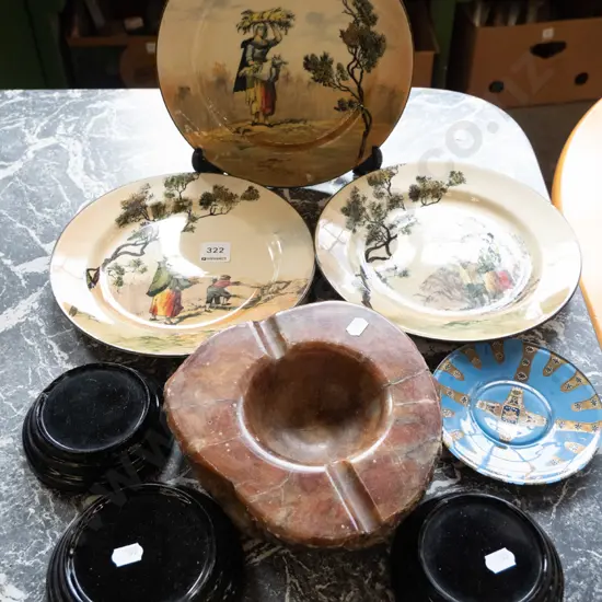 3 Doulton plates, marble ashtray, hand painted cigar label motif dish etc.