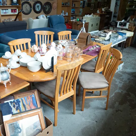 solid rimu dining table with 6 suedette upholstered chairs H-760 L-2000 W-1000