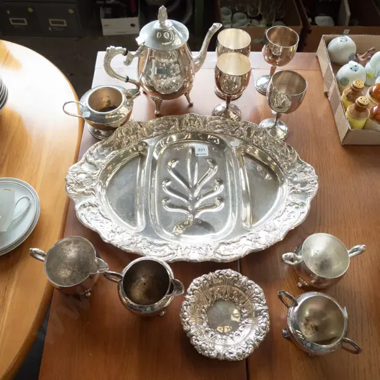 plated ware tray, coffee pot, goblets, et.