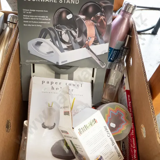 box of as-new cookware, thermoses, beer cooler, etc.