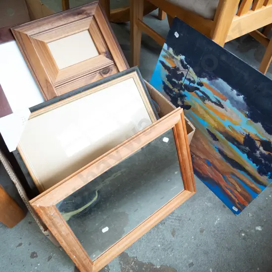 box of picture frames, mirrors, unframed landscape, etc.