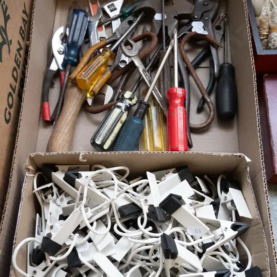 box of hand tools and various hook clip