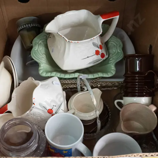 box of jugs, baking dishes, creamer jugs, etc.