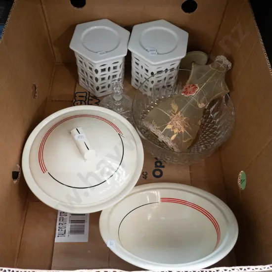 box of Grindley lidded vege, glass bowl, tealight candle lanterns etc.