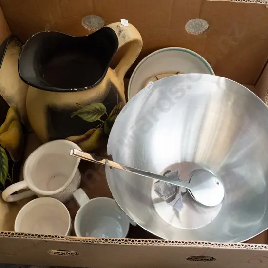 box of water jug, stainless steel bowl, coffee cups, etc.