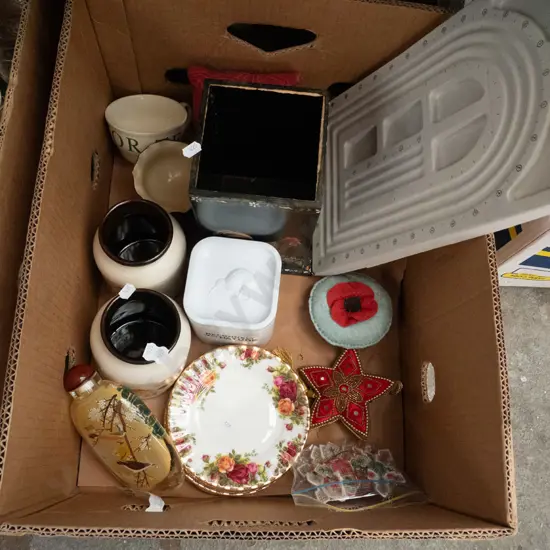 box of stoneware storage jars, Old English Country Rose plates, decorations, etc.