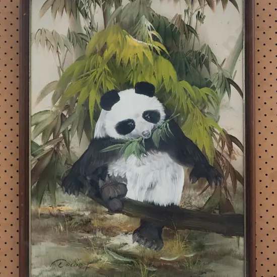framed oil - panda eating bamboo