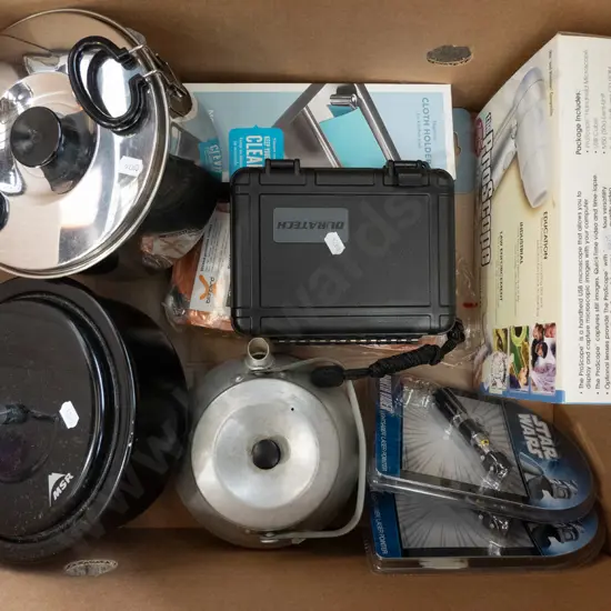 box of Star Wars laser pointers, USB digital microscope,  cooking ware, etc.