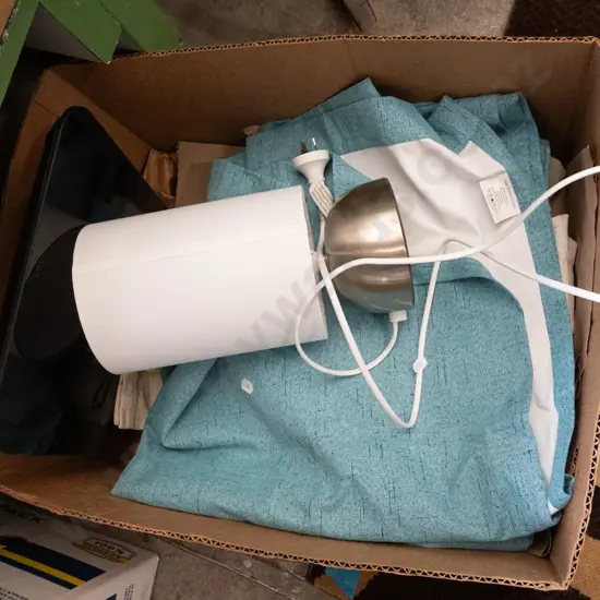 box of eyelet curtains, table lamp, digital bathroom scales