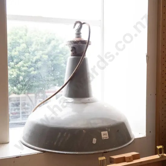 large grey painted metal industrial light fitting - some paint loss and corrosion