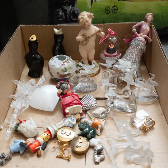 box of Christmas decorations, glass figurines, etc.
