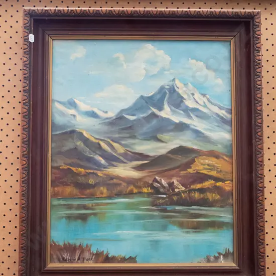 Karene Trask framed oil - lake and mountain scene, some foxing