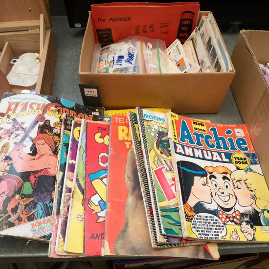 box of stamps, first day covers, vintage comic books