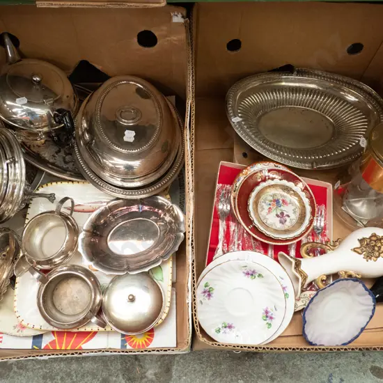 2 boxes of plated teapot, cream & sugar, segmented serving dish, cutlery, vases, etc. - yellow dots