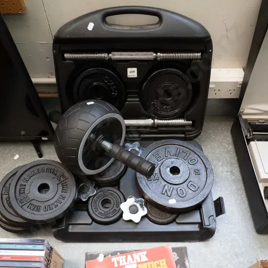 cased hand weights and exercise roller