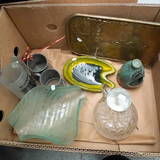 box of studio pottery salt pig, decanter, etc.