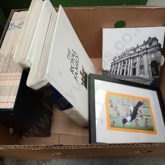 box of royal family memorabilia and 2 prints