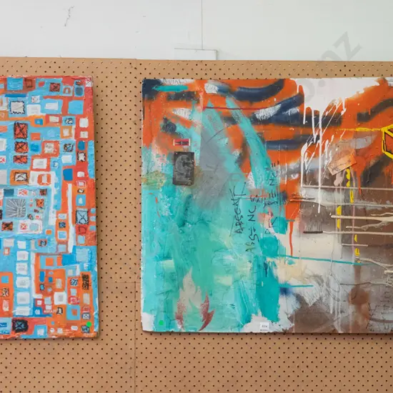 2 mixed media on board - abstracts - green dots
