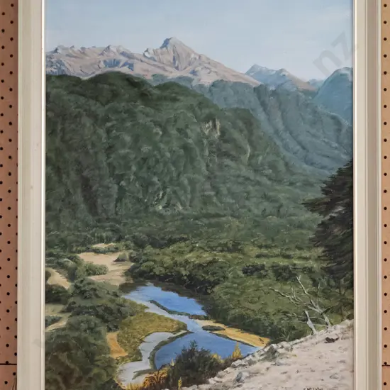 E. McIntyre - framed oil - river and mountain scene