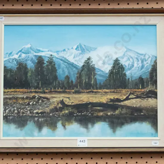 framed oil - lake and mountain scene