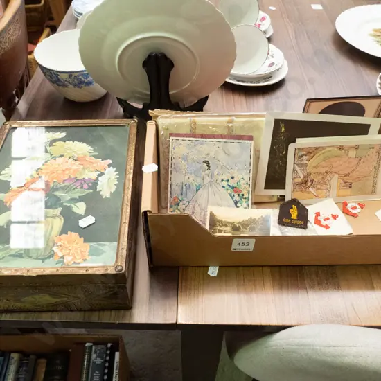 brass and flower print jewellery box and box of vintage stationery items