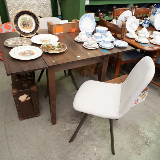 contemporary drop side dining table - 2 fabric upholstered chairs need a clean H-750 L-1220 W-900