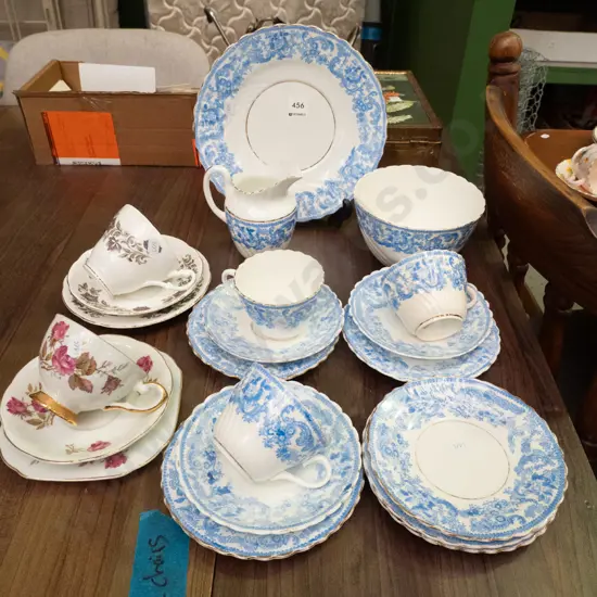 assorted blue & white cups & saucers, plates, bowls and 2 trios
