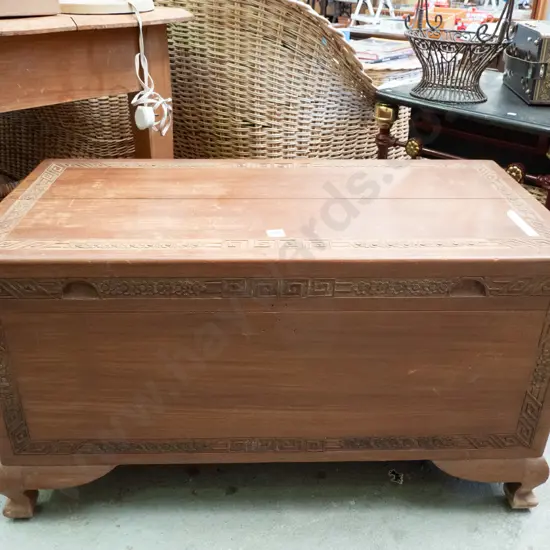 camphorwood blanket box - crack to top, varnish needs attention
