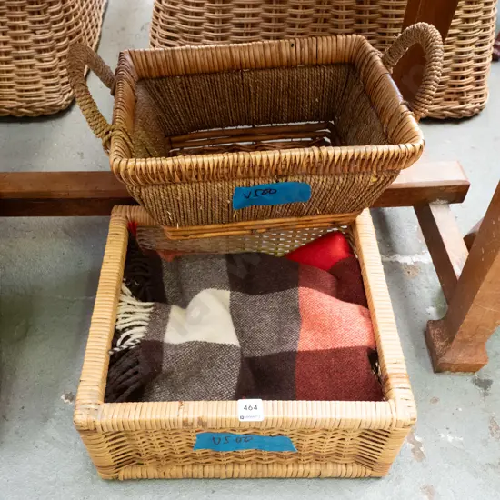 2 cane baskets and a checked travel rug