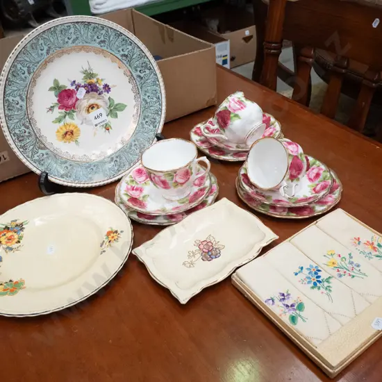 Old Country Roses trios, Simpsons cabinet plate, vintage handkerchiefs etc.