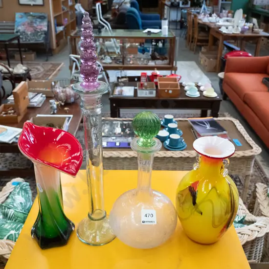 2 art glass vases and 2 stoppered bottles